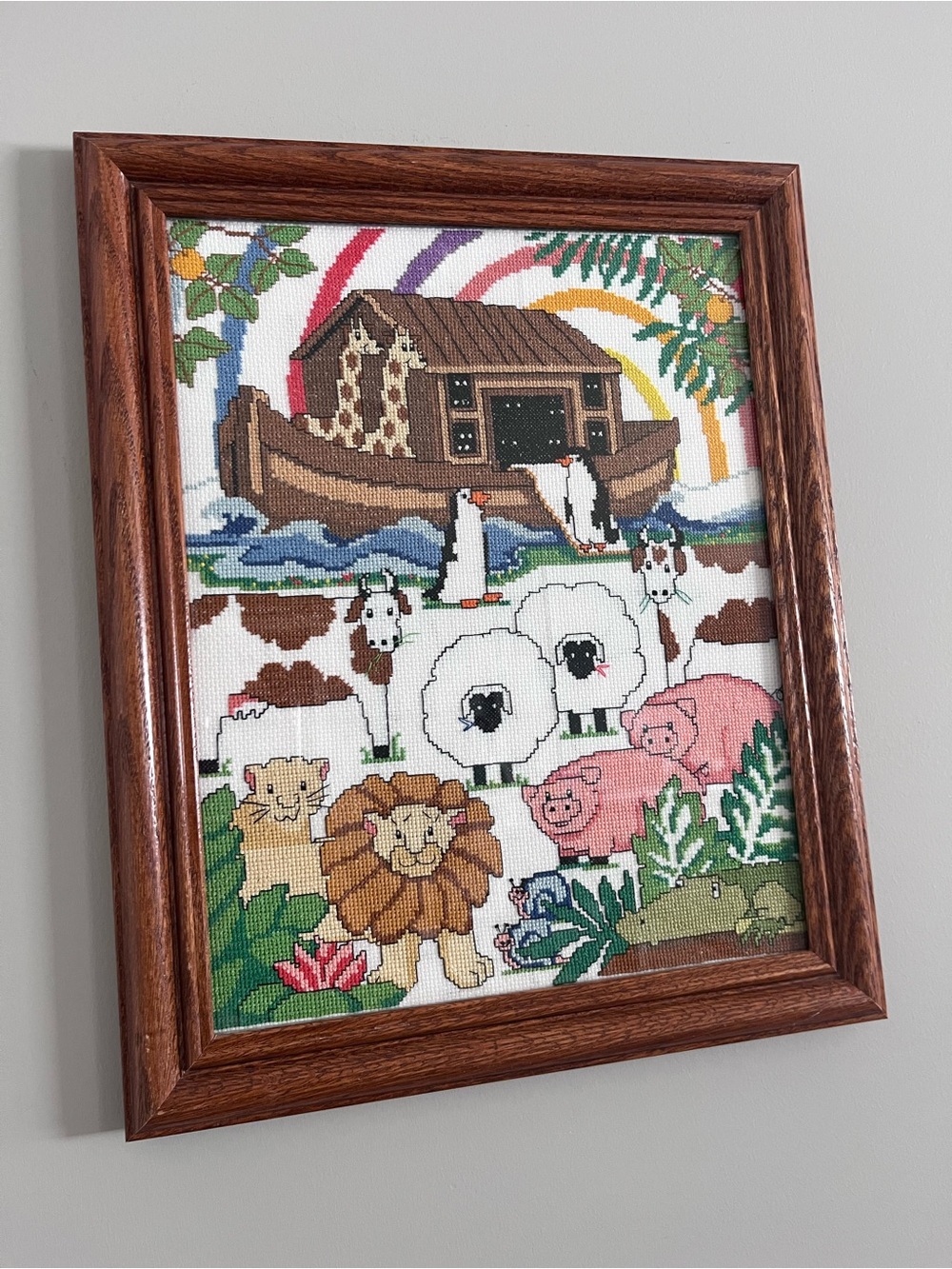 Vintage Noah’s Ark Cross Stitch Framed Art Cottagcore Nursery Wall Decor